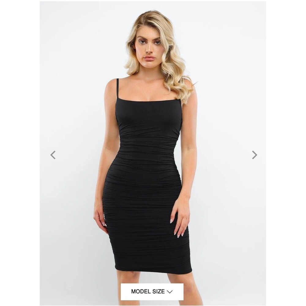 Popilush Built-In Shapewear Ruched Modal Bodycon Midi Slip Dress Black Small NWT